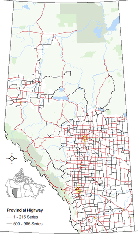 The alignments of both series of highways within Alberta's provincial highway system within other base features including hydrography, national/provincial parks, cities and city equivalents, and the provincial green and white zones.