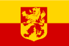Coat of arms in flag, the flag's top half is yellow, the bottom half red