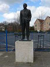 A bronze statue of former Ipswich and England manager, Sir Alf Ramsey, with one hand in his pocket