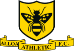 A logo depicting a gold shield with black edges and a black wasp on it. Below the shield, the words "Alloa Athletic F.C." appear on a gold scroll banner.
