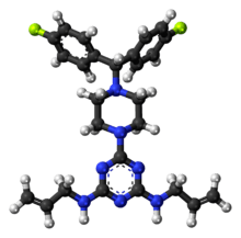 Ball-and-stick model of the almitrine molecule