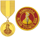 the badge is a round red patch with a gold border; the outer edge has the text Hawaiiana and Aloha Council; the inner circle has the image of a poi pounding stone with a flaming torch in front; the medal uses the same image as the badge suspended from a red and gold ribbon