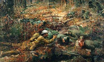 This battle scene was painted in 1919 by artist Frank Schoonover. The scene depicts the bravery of Alvin C. York in 1918.