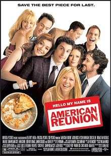 Group picture of the cast. Alyson Hannigan has a baby bottle in hand instead of a flute. The pie has only a small slice left, indicating this is the final film in the series.