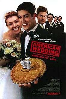 The infamous pie from the first movie takes the place of a traditional wedding cake, providing a series in-joke. Stifler's position behind Jim on the poster represents the character's ascended prominence in the film.