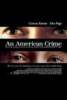 Against a black background, a tightly cropped image showing only Catherine Keener's glaring eyes appears above the title "An American Crime" in white. A similarly cropped image of Ellen Page's tear-filled eyes appears below the title, and just above the tagline "The true story of a shocking crime and a secret that wouldn't keep". The two actress's names appear above the two images.