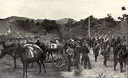 A black and white photo of the dismounted 10th Cavalry Bufflalo Soldiers advancing toward Las Guasimas on June 24, 1898 during the Spanish–American War in Cuba. A column of troops in cavalry headgear are on the right with bedrolls across their chests and rifles at right shoulder arms. Several mules are on the left with one pulling a Gatling gun two-wheeled caisson. In the left center background is another column of troops. The tall trees of the tropical jungle go across the full background.