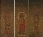 A red robed deity flanked by two attendants.