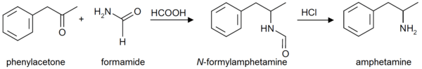 Diagram of amphetamine synthesis by Leuckart reaction