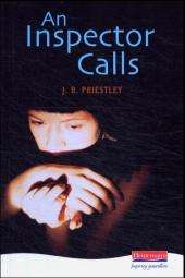 A cover of a book reading "An Inspector Calls", with a photo showing a woman's face lit up by a light with a dark background. She has her hand in front of her face with the shadow from her arm covering her mouth.