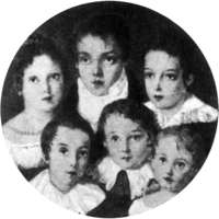 Miniature group portrait depicting six children in formal dress