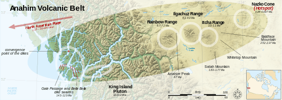 Map showing the location of an east-west trending zone of related volcanoes extending from the British Columbia Coast to the Interior.
