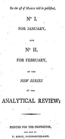Page reads "On the 1st of March will be published, No. I. For January, and No. II. For February, of the New Series of the Analytical Review; Printed for the Proprietor, and sold by T. Hurst, Paternoster-Row."