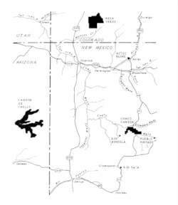 A map of Ancestral Puebloan sites in the Four Corners area