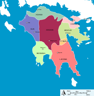 Map depicting the Peloponnese, the southern region of Greece