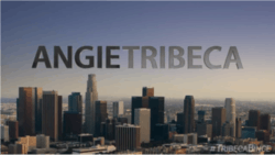 A city view with the words ANGIE TRIBECA against the blue sky, the first word in black text, the second in gray text