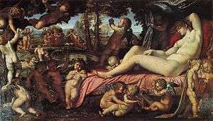 A painting of a nude woman sleeping outdoors on a red couch with her left arm behind her head and with many putti engaged in various activities around her