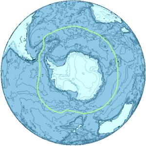 Map of Antarctica surrounded by a green line representing the Antarctic convergence