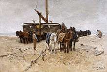  A large painting in desert sand colors of a fishing boat being dragged up a beach by a team of horses with men standing by.