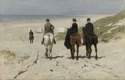 a group of well dressed equestrians, the lady riding sidesaddle, descend at a leisurly pace from the dunes to the beach at Scheveningen towards the bathing huts, their horses leaving droppings in the sand