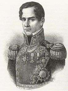 Lithograph depicting head and shoulders of a middle-aged, clean-shaven man wearing an ostentatious military uniform.