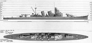 Black and white drawing of a World War II-era warship