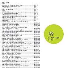 A listing of various words and numbers in white monospace text on a white background. To the right the words "Aphex Twin Syro" are written in uppercase black monospace text inside a lime green circle.