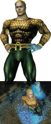 The upper image, taken from the gane's "character shhet" screen, shows Aquaman face on, striking a heroic pose. Prominent is left hand made of water that the character had in the comics at the time the game was developed. The lower image is an "in game" power activation from above, the characters hand raised and a blue "foam" effect surrounding him.