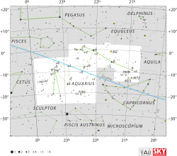 Diagram showing star positions and boundaries of the Aquarius constellation and its surroundings