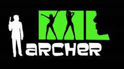Against a black background a white silhouette of a man holding a gun. Two green rectangles with black silhouettes of women. Underneath the word 'archer' in white.