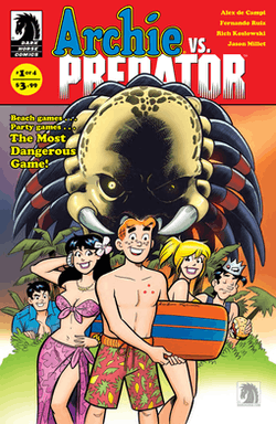 A cover to issue #1.  The Predator's head looms over Archie and his friends as they prepare to swim.