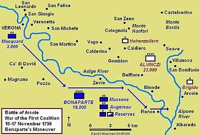 Map showing Bonaparte's maneuver from Verona to Ronco