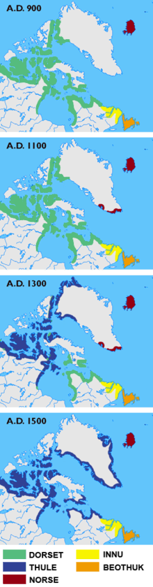 Maps showing the different cultures (Dorset, Thule, Norse, Innu, and Beothuk) in Greenland, Labrador, Newfoundland and the Canadian arctic islands in the years 900, 1100, 1300 and 1500
