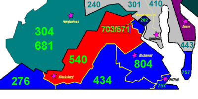 The area colored red indicates the northern region of Virginia served by area code 540