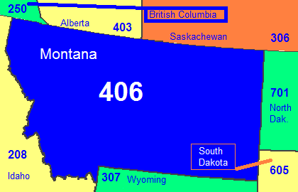 Map of Montana area code in blue (with border states and provinces)