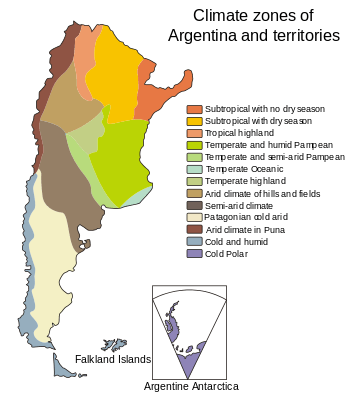 Map showing the different climate zones found within Argentina