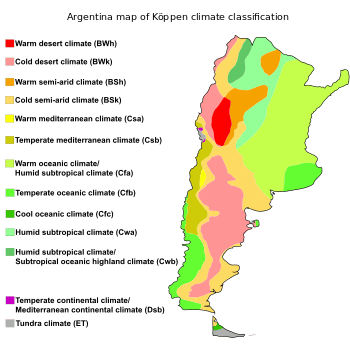 Map showing the different climate zones found within Argentina based on the Köppen climate classification