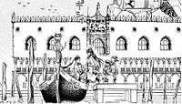 Drawing of the Palazzo Ducale, with a spaceship behind, and a gondola loading passengers in the foreground