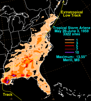 Map depicting rainfall from a tropical cyclone across the eastern United States. Rainfall accumulations (from lightest to heaviest) are depicted by areas colored tan, orange, red and purple.