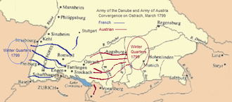 Map showing winter quarters of French and Austrian armies, and their convergence on the town of Ostrach in March 1799