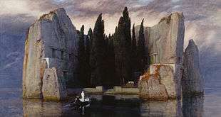 Painting of an island of steep rocks, with dark trees in the centre