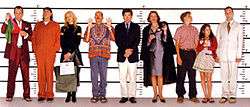 The main cast of Arrested Development pose in a police lineup.
