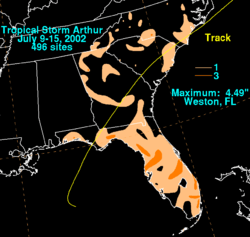 A map depicting rainfall totals across the Southeastern United States produced from a weak tropical storm.