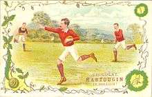 Water colour promoting Belgian chocolates that depicts Gould running in a hand-off pose.