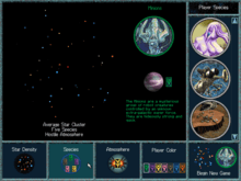A square interface depicted the player's selection of species, star density, number of opponents, and political atmosphere.