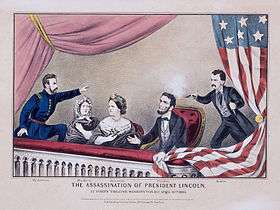 A black-and-white drawing of five people, two women and three men, the rightmost of which is shooting a gun at the man sitting next to him