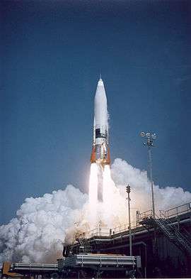 A rocket takes off from the launch pad.