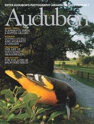 Cover of July-August 2012 edition of Audubon Magazine showing a Baltimore oriole beside a country road