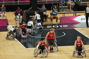 Wheelchair basketball players on the court. Two Australians have pinned a Canadian so she cannot move. A TV cameraman from the Olympic Broadcasting Service films the play.
