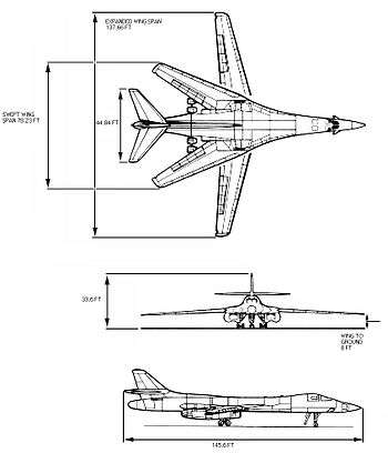 Three sketched diagrams showing the front, top and side views of the B-1. The top view, in particular, shows the maximum sweep angles of the wings